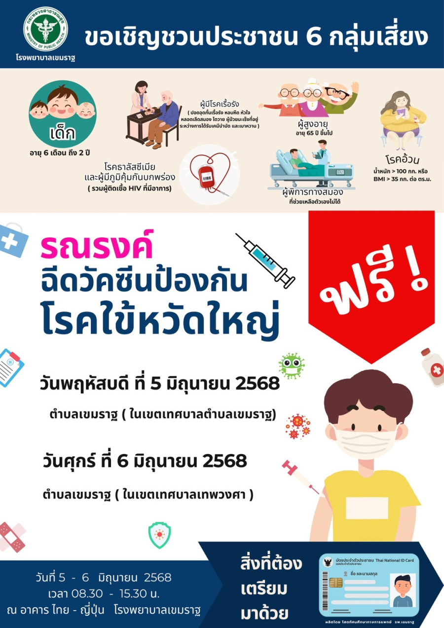 ประชาสัมพันธ์  การรับวัคซีนไข้หวัดใหญ่ ตามฤดูกาลประจำปี 2568 สำหรับประชาชนคนไทย ที่มีกลุ่มเสี่ยงตามเป้าหมาย (เนื่องจากวัคซีนมีจำกัด)